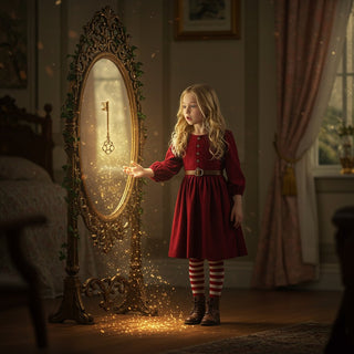 Lily Wishbourne and a key floating against a magical mirror in her room. Bonbon Avenue; Whispers of he Dream Granter
