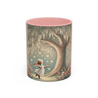 Pink 'Whispers of the Dream Granter' mug with an illustration of Bunny, butterflies, flowers, and the Dream Tree; Bonbon Avenue