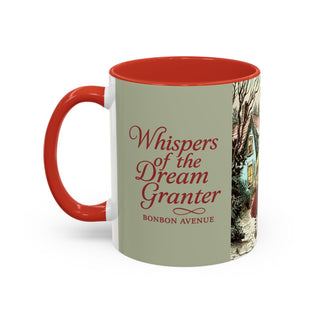 'Whispers of the Dream Granter' & 'Bonbon Avenue' mug with red interior and handle, featuring text and a scenic design on an off-white background