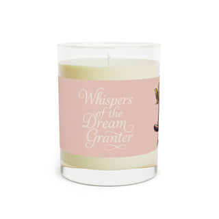 Candle with a pink label reading 'Whispers of the Dream Granter'; Bonbon Avenue