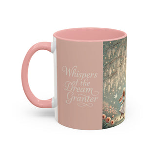 Pink 'Whispers of the Dream Granter' mug with an illustration of flowers and butterflies; Bonbon Avenue