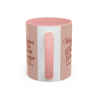 Pink and white mug with text; Whispers of the Dream Granter, Bonbon Avenue