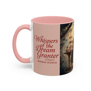 Pink 'Whispers of the Dream Granter' & 'Bonbon Avenue' mug with a teapot illustration on the side.