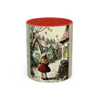 'Whispers of the Dream Granter' mug with a design of Lily in a red dress walking down Bonbon Avenue Village.