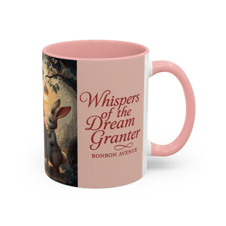 Pink 'Whispers of the Dream Granter' & 'Bonbon Avenue' mug with Bunny illustration on the side.